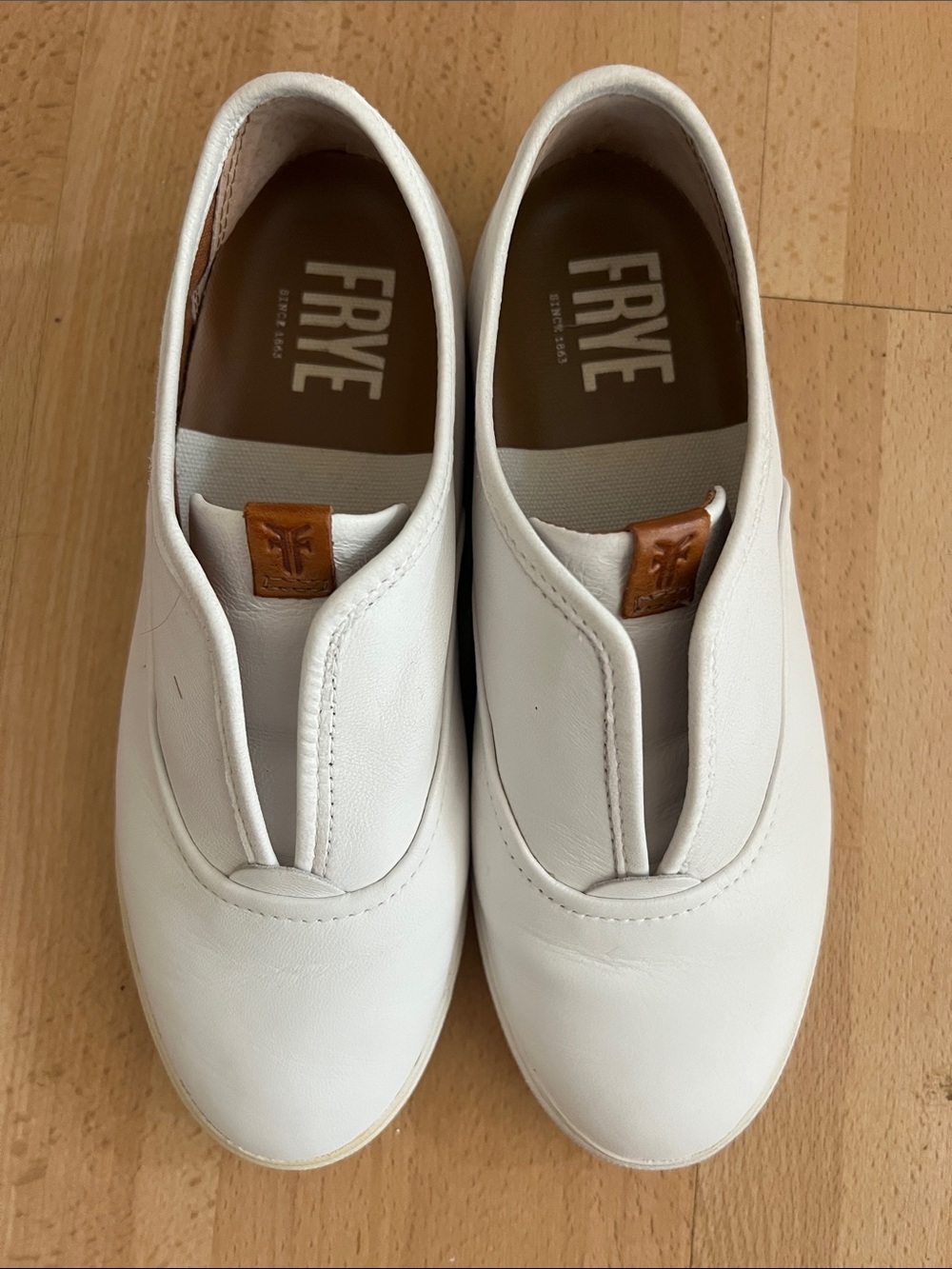 Frye White Leather Slip-On Sneakers with Tan Logo Tab